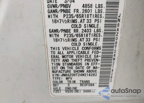 2004 Nissan Murano Sl из США, поврежденный, VIN JN8AZ08T24W214262